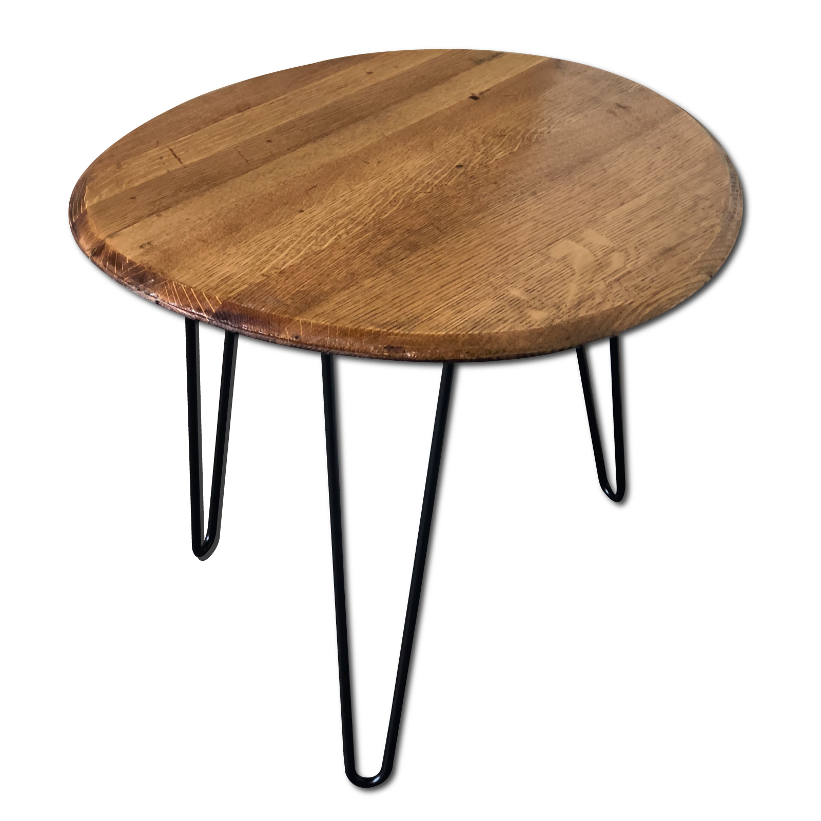Reclaimed Kentucky Bourbon/Whiskey Barrel Heads End Table with Hairpin Legs